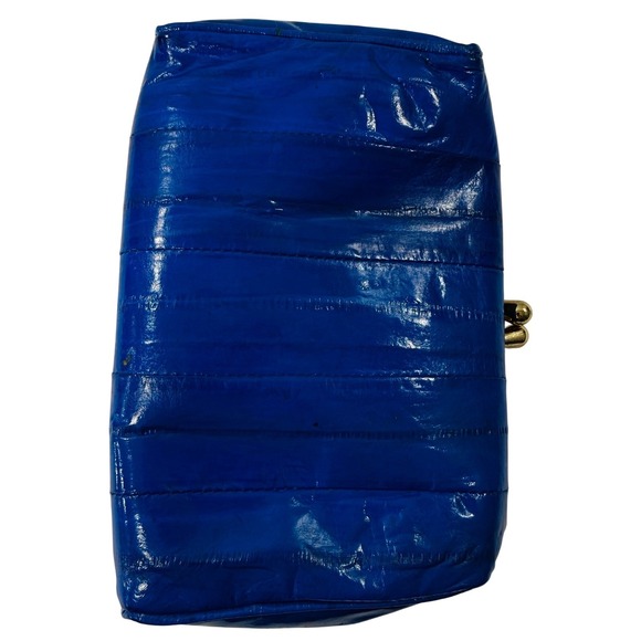 Vintage Coin Purse Eel Skin Clam Shell Make Up Bag Kiss Lock Frame Mirrored Blue - Picture 9 of 15